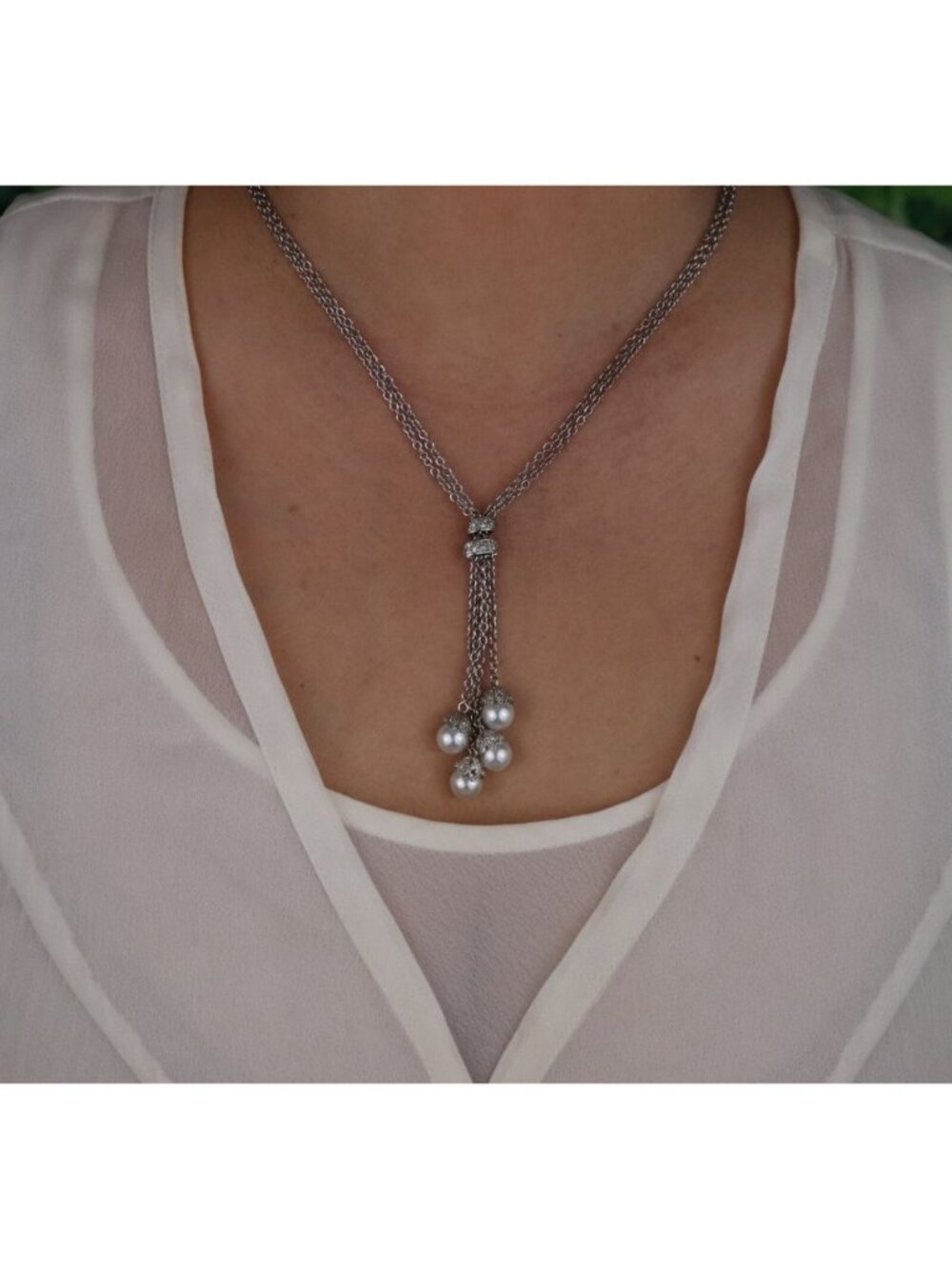 Sterling Silver Two Strand Pearl Lariat Drop Necklace 16" to 18" - Picture 4 of 8